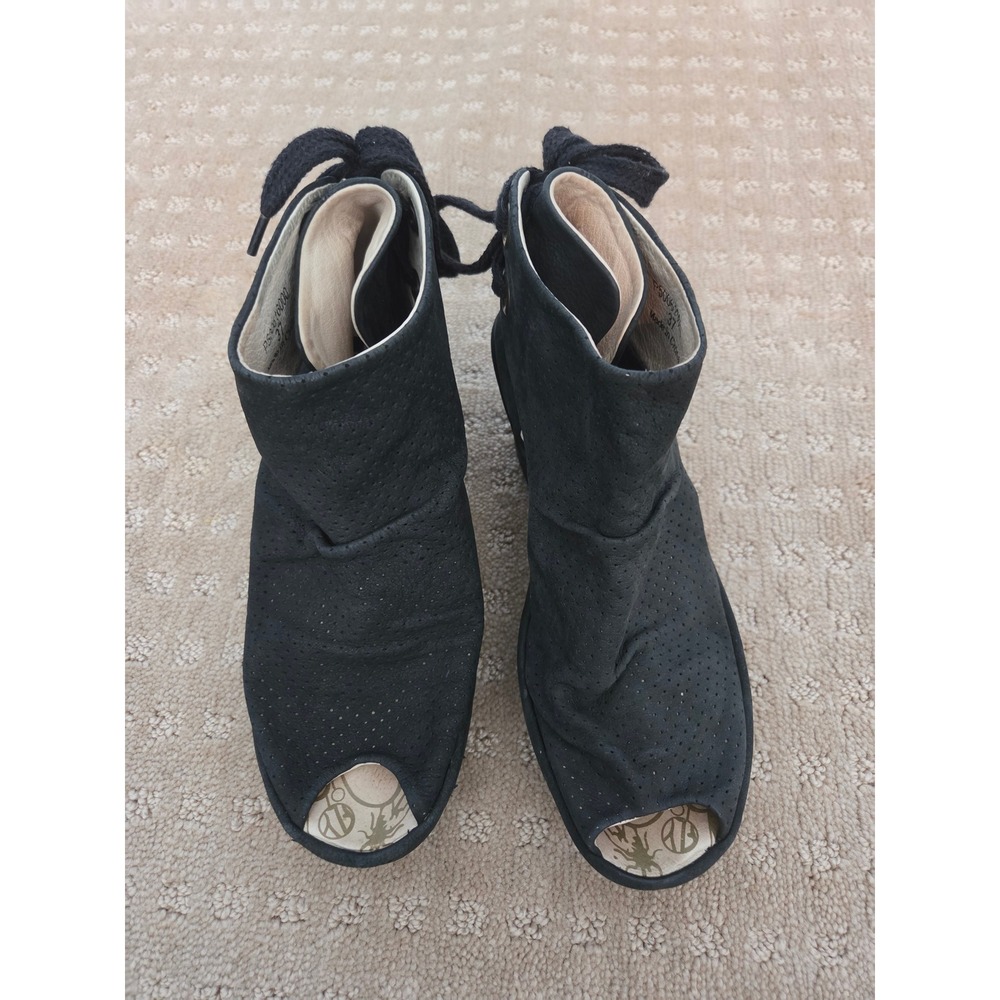 Fly London Yaya Wedge Sandals Women 37 Black Perforated Peep Toe Excellent